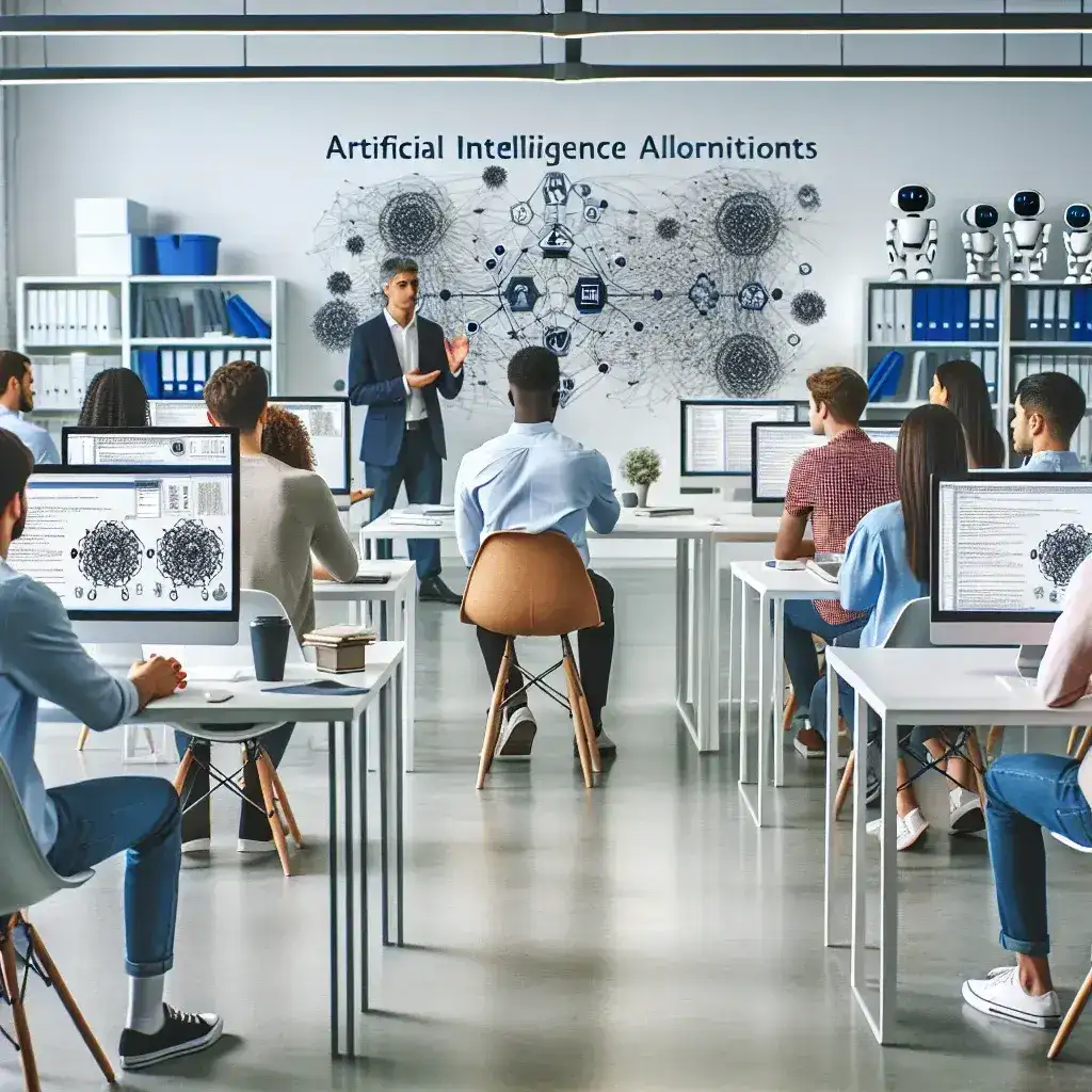 "Estudiantes interesados en másteres en inteligencia artificial, beneficiados por las nuevas becas del Gobierno español, revisan información sobre el programa educativo."